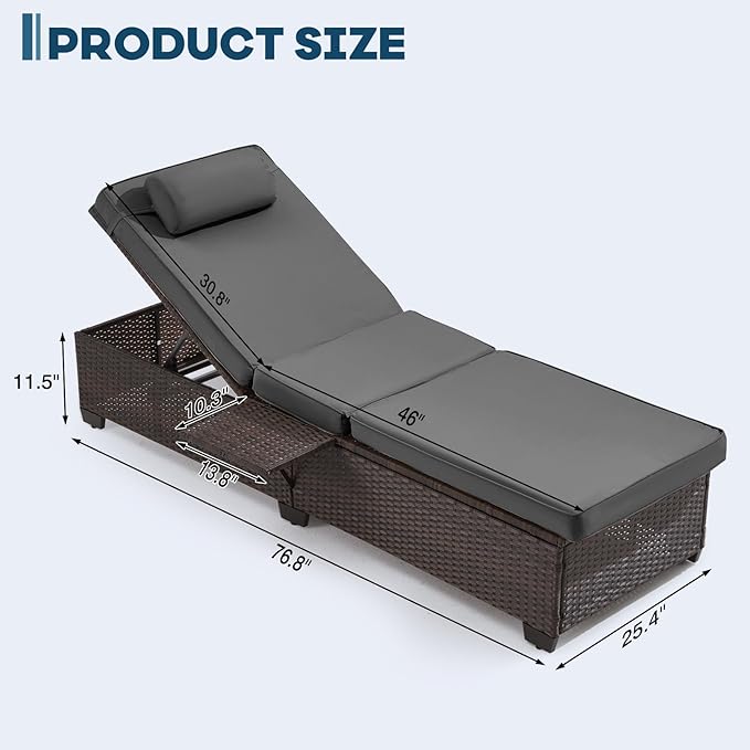 Outdoor Lounge Chairs, Pool Lounge Chairs Set of 2, Outdoor Chaise Lounge with Adjustable Backrest & Cup Holder,Grey Cushiom YALISSEY