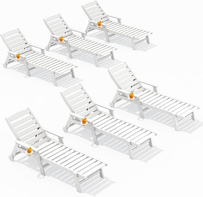 SERWALL Patio Chaise Lounge Chair Set of 6, 5 Positions Adjustable Poly Outdoor Lounger for Pool, HDPE Lounge Chair with Rolling Wheels & Cup Holder for Poolside, Deck, White SERWALL