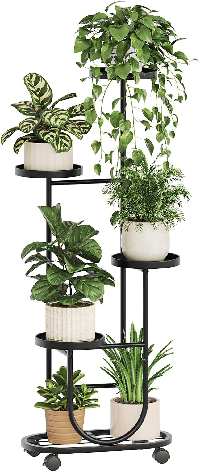 Bamworld Tall Plant Stand Indoor Outdoor Plant Stand with Wheels Heavy Duty Metal Plant Shelf for Multiple Plants Flower Stands for Patio Corner Garden Living Room Balcony, Black Bamworld