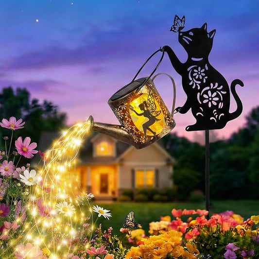 Solar Watering Can Lights with Fairy & Flowers, Outdoor Garden Decor with Cascading String Lights, Waterproof Solar Powered Hanging Lantern for Patio Yard Pathway, Gift for Mom Cat Lovers Gardeners Tremdwoto