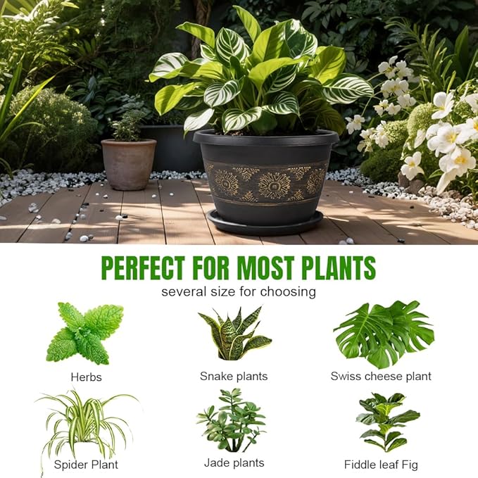 6 Pack 8 inch Plant Pots, Retro Pattern Planters with Drainage Holes and Saucer, Sturdy Plastic Garden Flower Pots for Indoor & Outdoor Plants Usocik