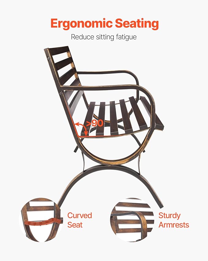 VEVOR Outdoor Bench, 50 inch, Carbon Steel Metal Frame with Slatted Pattern Backrest and Round Edge Armrests, Weatherproof Outside Bench for Patio, Garden, Park, Yard, Front Porch, Antique Bronze VEVOR