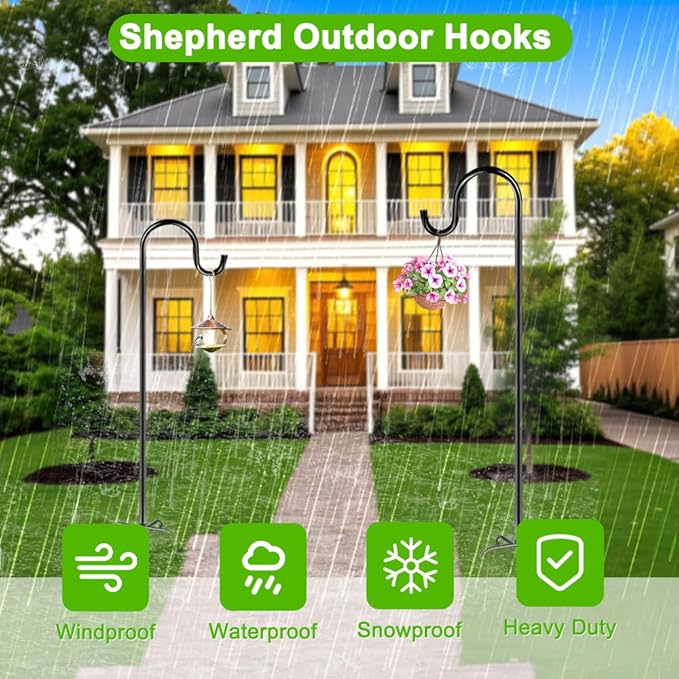 48 Inch Shepherds Hooks for Outdoor, Heavy Duty Bird Feeder Pole with 5 Prong Bases, Garden Hanging Stake for Bird Feeder, Solar Light, Plant Hanger, Wedding Decor, Metal Hanger Hooks, Black, 2 Packs Anideer