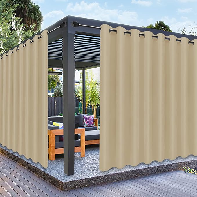 PureFit Outdoor Curtains for Patio Waterproof Weatherproof, UV Resistant Outside Curtains for Gazebo, Front Porch, Pergola, Sun Blocking Privacy Curtain, 120W x 84L inch, 1 Panel, Beige PureFit