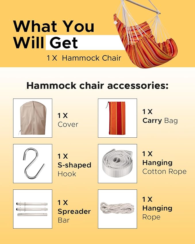 Miztli Hammock Chair with Hanging Chair Cover – Max 500 Lbs, Steel Spreader Bar with Anti-Slip Rings, Comfortable Indoor & Outdoor Hanging Chair – Includes Protective Waterproof Cover (57x45.5 in) MIZTLI
