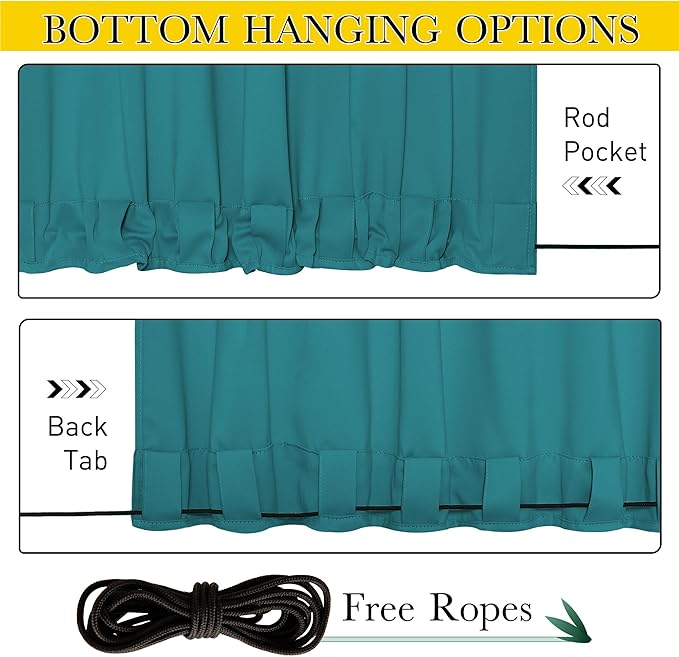 NICETOWN 2 Panels Outdoor Curtains Waterproof Pocket & Back Tab on Top & Bottom, Thermal Insulated Windproof Sun Blocking Outside Privacy Drapes for Patio with Fixed Rope, W52 x L84, Peacock Teal NICETOWN
