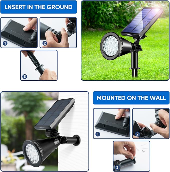KEV 800 Lumens Solar Spot Lights Outdoor,18 LEDs Solar Flood Lights with 2 Modes &Adjustable &IPX65 Waterproof,Solar Spotlight for Driveway/Backyard/Patio Landscape/Tree/Garage(Cool White, 2 Pack) KEV