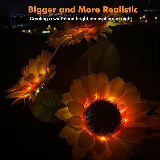 Solar Sunflower Lights, 800mA Solar Garden Light with Real Looking Flowers Outdoor Waterproof Solar Stake Lights for Back Yard, Flower Bed, Pathway, Patio, Porch, Fall Decoration (4 Pack) Meagoo