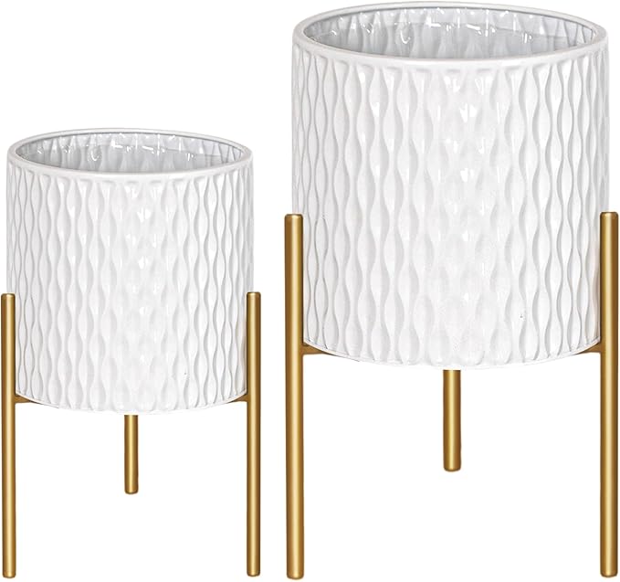 ARNIS Plants Pots with Stand, Set of 2 Planters, Unique Mid Century Decorative Metal Flower Pots with Drainage, 10.5 & 12.25 Inch, White and Gold ARNIS