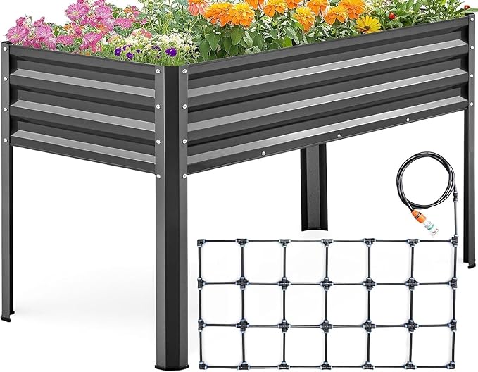 KING BIRD Raised Garden Bed with Irrigation System and Legs Galvanized Elevated Planter Box 48×24×31.5 in for Backyard, Patio, Balcony, 400lb Capacity, Dark Grey KINGBIRD