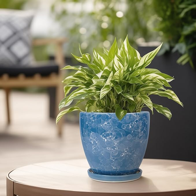 Ceramic Pots for Plants - 6.3 Inch Planter with Drainage Hole and Plant Tray, Decorative Succulent Pot, Round Flower Planter for Indoor, Garden Living Room Decor, Gifts for Plant Lovers, Blue EPFamily