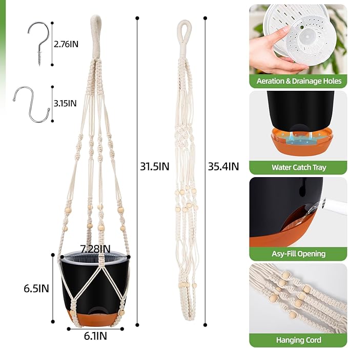 2-Pack 7.2-Inch Self-Watering Hanging Planters for Indoor & Outdoor Plants,34-Inch macrame hanger plant pots indoor with drainage,Small Hanging Planters & Baskets in Black,With two sets of hooks QCQHDU
