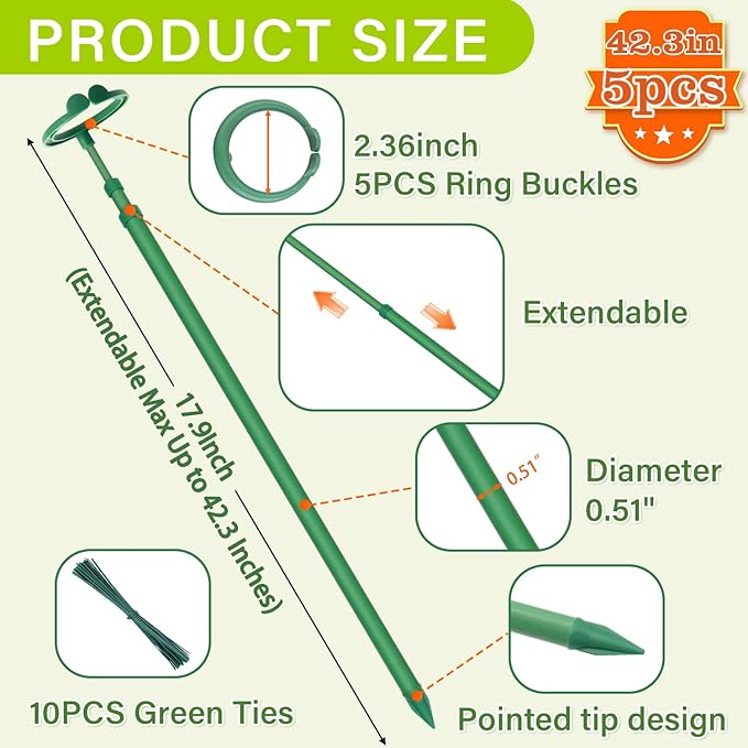 Extendable Plant Stakes,Adjustable Length from 17.9IN to 42.3IN Monstera Support Stakes with Clips,Sturdy Plant Stakes for Indoor Outdoor,Garden Sticks for Tomato,Orchid,Climbing Plants- 5Pack GAGANANG