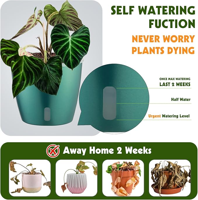 Self Watering Pots for Indoor Plants, 4-Pack 6.7'' Self Watering Planter with Drainage Holes, Small African Violet Pots with Water Indicator, Clear Wick Orchid Pot, Blue Gold KvyusFlourish