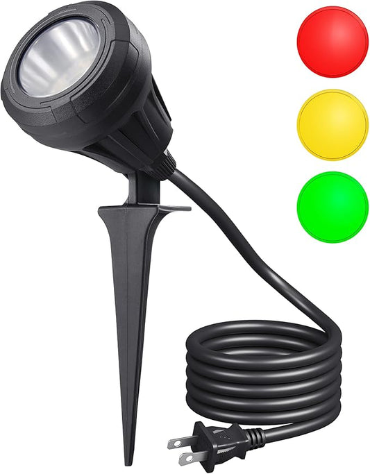 DEWENWILS 120V LED Outdoor Spotlight, 3 Extra Lenses (Red Green Yellow), 5.5W 5000K Plug in Spotlight, Waterproof Landscape Light for Yard, Tree Flag, Holiday, 5FT Extension Cord, UL Listed DEWENWILS