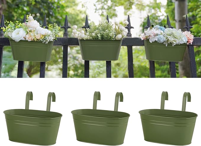 Dahey 10.5 Inch Metal Iron Hanging Flower Pots for Railing Fence Hanging Bucket Pots Countryside Style Outdoor Planter Window Flower Plant Holder with Detachable Hooks Home Decor,Green,3 Pcs Dahey