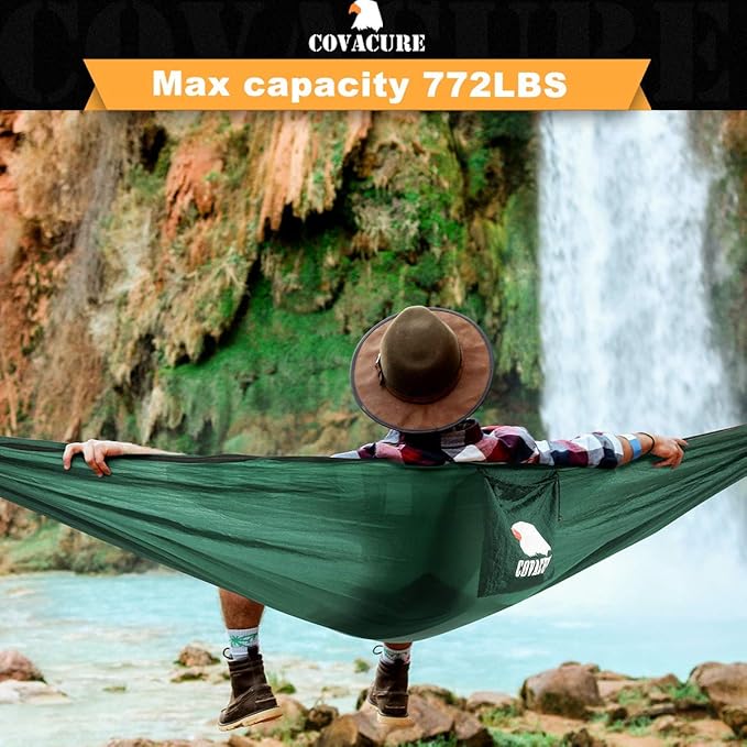 Covacure Camping Hammock - Lightweight Double Hammock, Hold Up to 772lbs, Portable Hammocks for Indoor, Outdoor, Hiking, Camping, Backpacking, Travel, Backyard, Beach（Dark Green） covacure