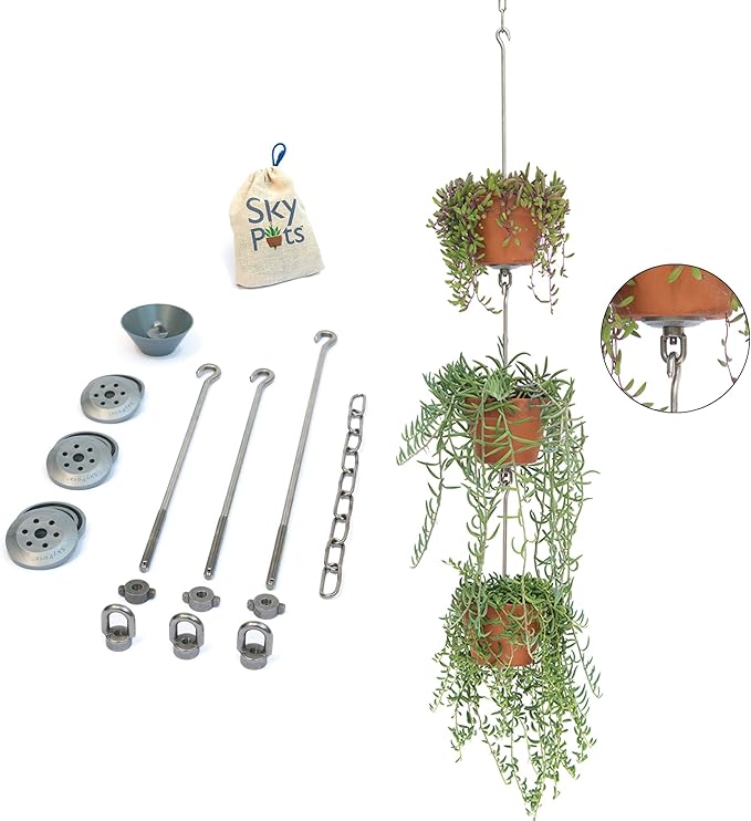 — Three Pack, Pot Hanger Kits + Accessories - Hang and Connect Your Clay Pots, Stainless Steel - Indoor Outdoor - Connectable Hanging Planter Vertical Garden w/Drainage for Healthy Plants SkyPots