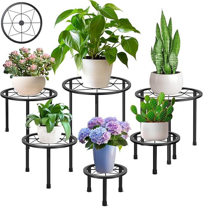 6 Pack Metal Plant Stands, Heavy Duty Plant Stand for Indoor Outdoor, Anti-Rust Iron Flower Pot Stands Outdoor Plant Holder, Potted Plant Shelf for Living Room Balcony Garden Patio, Black SBOSBO