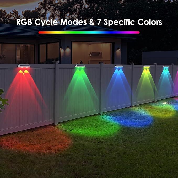 8 Pack Solar Fence Lights Outdoor - Warm White & RGB 6 Color, Dusk to Dawn Deck Light, Solar Powered Light Outdoor IP65 Waterproof, Solar Garden Lights for Outside/Backyard/Railing/Step/Patio/Wall LIANGLOME