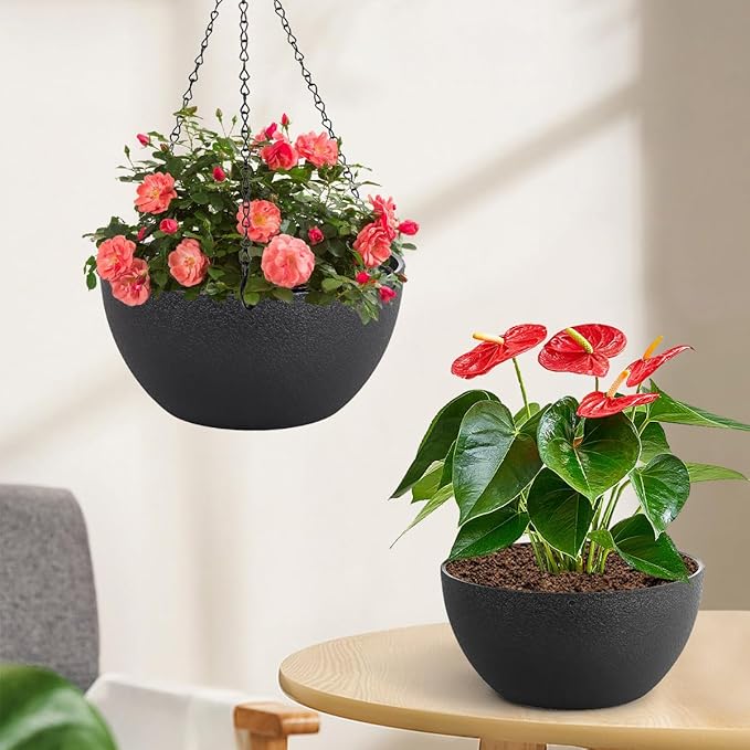 10 inch Hanging Planters for Indoor Plants, 2 Pack Planters for Outdoor Plants with Drainage Holes and Chain, Round Plastic Hanging Baskets, Hanging Flower Pots for Balcony Garden Decor-Black HIGSEEU