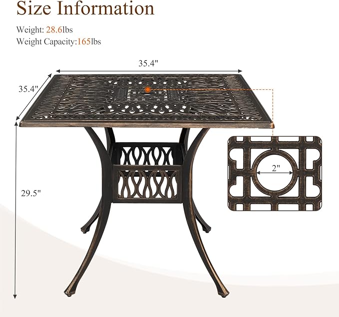 VINGLI Patio Dining Table with Umbrella Hole, Cast Aluminum Outdoor Bistro Furniture for Garden (35.4" Lx35.4 Wx29.5 H) VINGLI