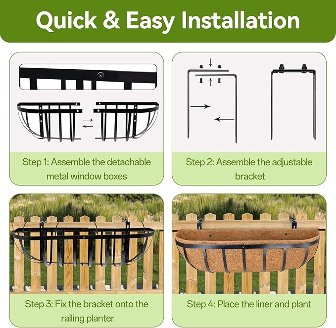 Halatool 2 Pack Heavy-Duty Metal Deck Railing Planter Box, 24 Inch Rust-Resistant Window Boxes Planters with Coco Liner & Adjustable Brackets, Grow More On Your Balcony, Patio & Fence HALATOOL