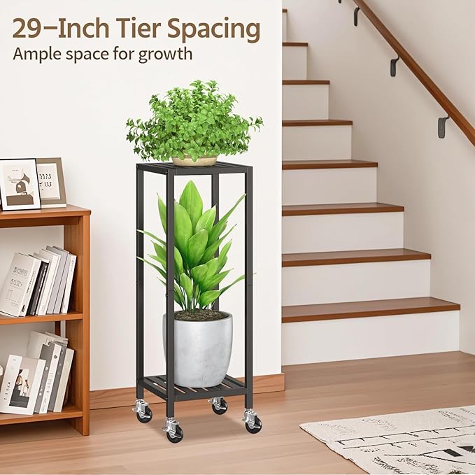LASZOLA 2 Tier Black Metal Plant Stand Indoor Outdoor with Wheel for Large Planter, Modern Heavy Duty Tall Rolling Rack for Corner House Bathroom Patio Floor, Iron Flower Shelf Holder for Orchid Fern LASZOLA