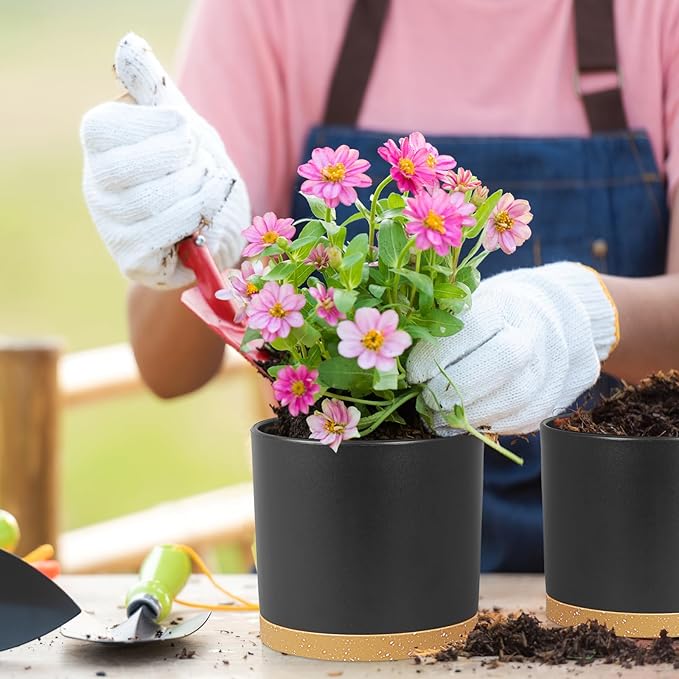 8/7/6 inch Flower Pots, 3 Pack Cylinder Plant Pots for Outdoor Indoor Plants, Decorative Plastic Planters with Drainage Holes and Saucers for Garden House Plants, Black with Brown Meowell