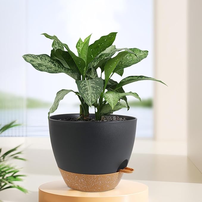 12 inch Large Self Watering Pots, Plant Pots with Mesh Drainage Holes for Indoor Outdoor Plants, Plastic Planters with Deep Reservoir for Garden House Flower Plants, Black with Brown Meowell