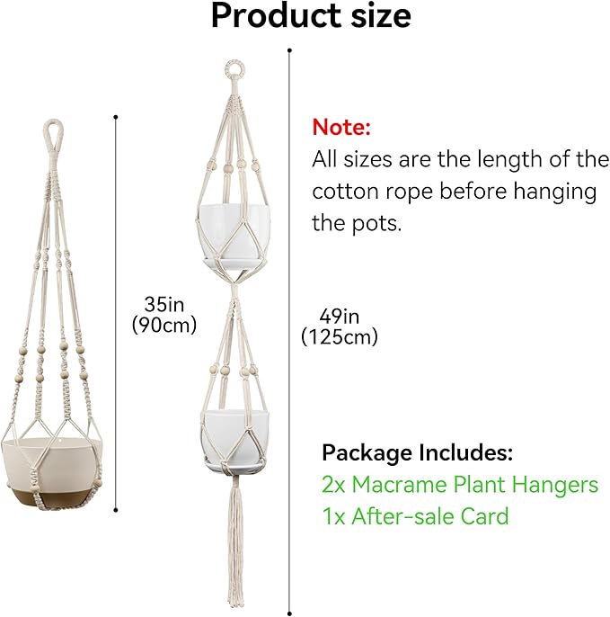 USLAI Macrame Plant Hanger Indoor Outdoor, Fits 4 to 15 Inch Pots, Strong Hanging Planter Holder, Boho Home Decor, 49+35 Inch, Ivory (POTS NOT Included) USLAI