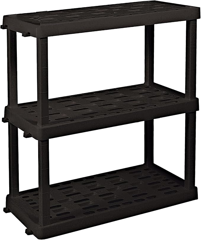 Oskar Heavy Duty Plastic Storage Shelves- for Garage, Kitchen, Bathroom Basement Kids Room, Stackable 3-Tier Black Organizer Rack for Books Shoes, Toys, Pantry, Cleaning and Closet Organization Koolatron