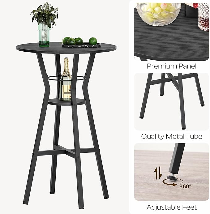 Bar Table, 2-Tier Round High Top Table, Pub Table, Home Bar Counter Height, Bistro Tables, for Kitchen, Living Room, Meeting Room, Pub, Black BT03BB Yatiney