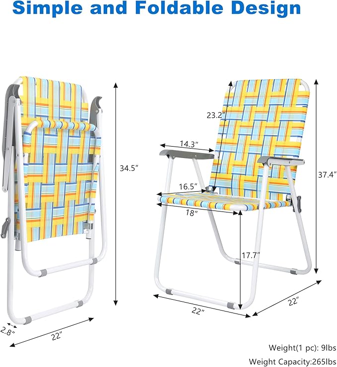 VINGLI Patio Lawn Webbed Folding Chairs Set of 2, Outdoor Beach Chair Portable Dining Chair for Outdoor Yard, Garden (Yellow, Classic) VINGLI