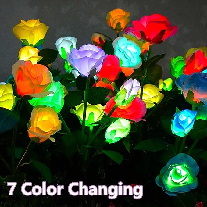 Mothers Day Gifts Solar Garden Decor Outdoor Lights, 4 Pack Waterproof Garden Lights for Outside, 16 Solar Rose, Multi-Color Changing Solar Flower Decor for Yard, Patio, Gifts for Women (7-Color Rose) OSTRITEC