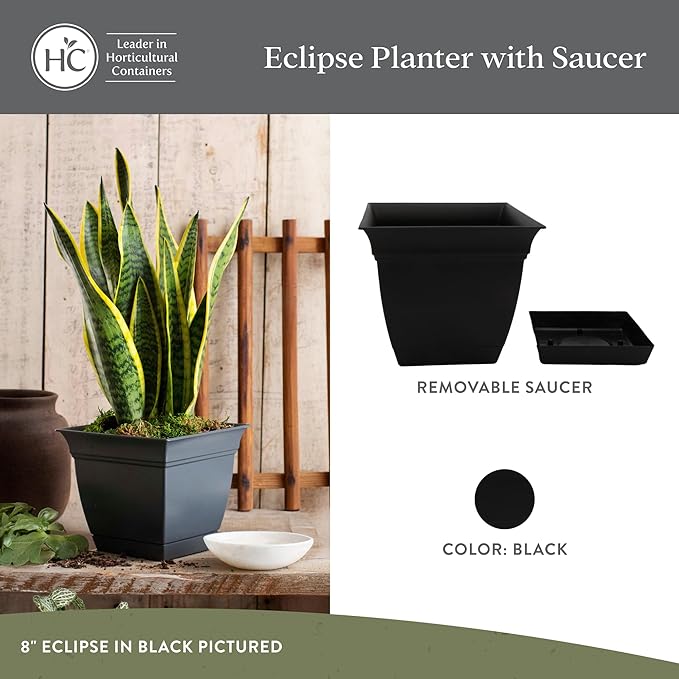 The HC Companies 12 Inch Eclipse Square Planter Pots with Drainage Holes & Attached Saucer, Lightweight UV-Resistant Plastic Indoor Outdoor Planters, 2-Pack Flower Pots for Garden & Home Decor, Black TheHCCompanies