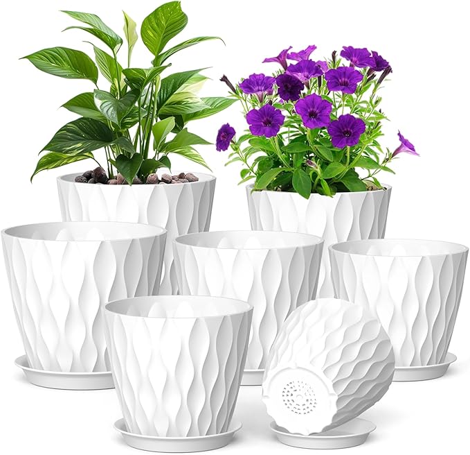7/6.5/6/5.5/5/4.5/4 inch Plant Pots for Indoor Outdoor Plants, 7 Pack Thick Flower Pots with Drainage Holes and Saucers, Modern Wave Texture Plastic Planter Pots for Nursery, Succulent, White Meowell