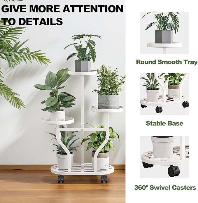 Plant Stand with Wheels 3 Tier Metal Plant Holder Corner Flower Shelf for Multiple Plants Display Rack for Bedroom Living Room Balcony Garden White (White, 3 Tier) YIZAIJIA