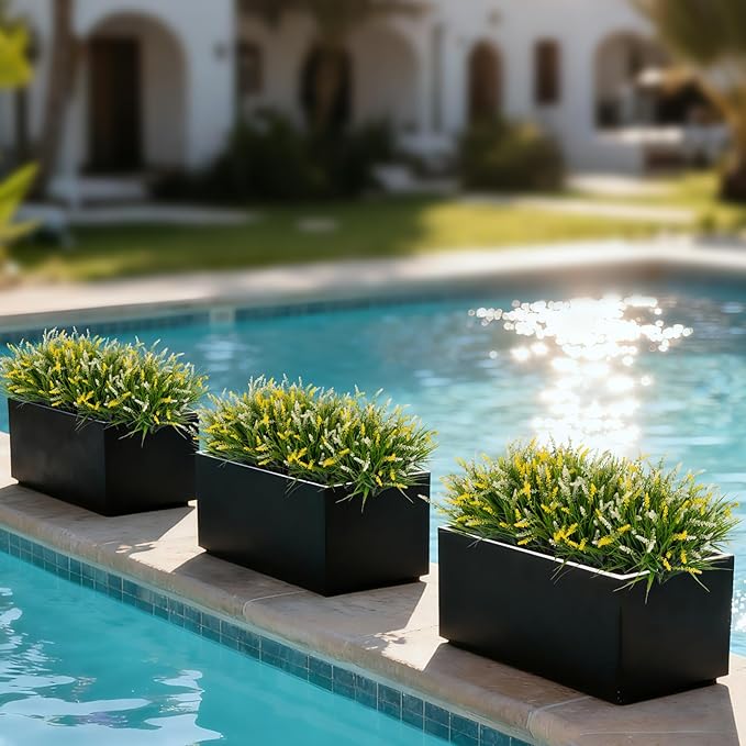 Artificial Faux Plants for Outdoor Spring Decoration, 12 Pcs Fake Monkey Grass for Garden Porch Balcony Planters, Fake Flowers Shrubs UV Resistant No Fade Plants Greenery Bush(Yellow White) Ammyoo