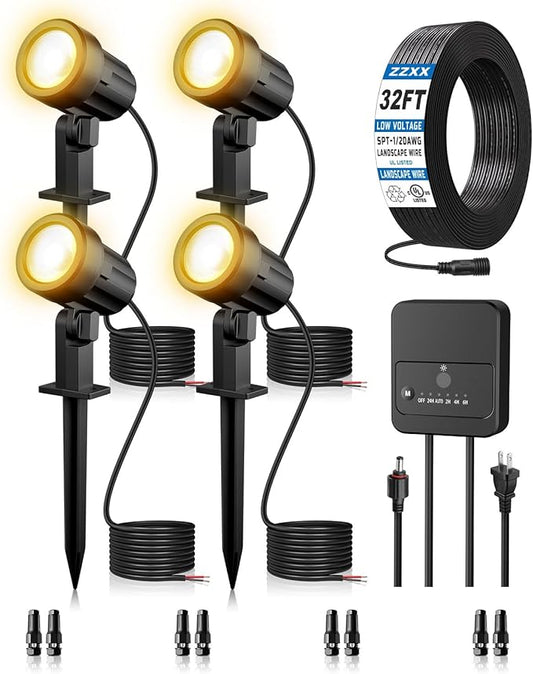 ZZXX All-in-One LED Landscape Lighting Kit, 4-Pack Low Voltage Landscape Lights with Transformer 32FT Wire and Connectors, 2700K Waterproof Outside Spotlights for Yard Garden Tree Pathway House ZZXX