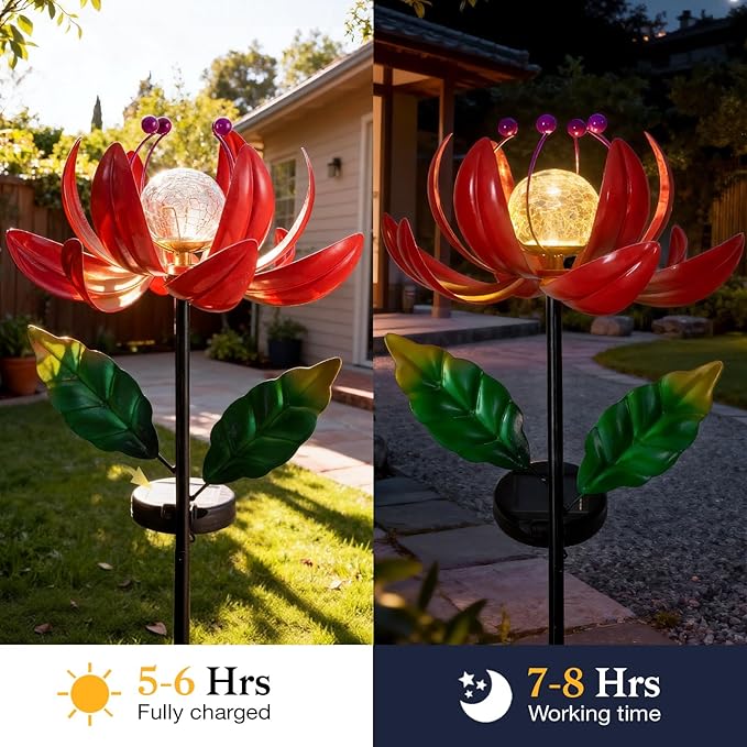 Solar Lights Outdoor Wind Spinners, Metal Lotus Flower Garden Decor with Waterproof LED Crackle Glass Globe for Patio Lawn Yard Outdoor Decor SUCUY