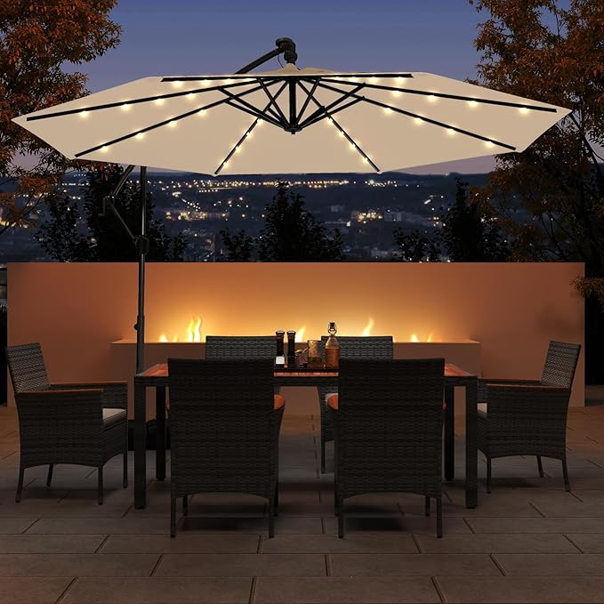 Tangkula 10ft Solar LED Patio Umbrella with Base, Offset Cantilever Outdoor Umbrella with 32 LED Lights, Infinite Tilt, 360 Degree Rotation, Crank Handle for Pool Deck Garden Backyard (Beige) TANGKULA