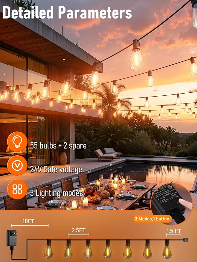 luckystyle 150FT LED Outdoor String Lights with Remote, 55+2 Shatterproof Bulbs Waterproof and Dimmable Patio Lights for Porch, Garden, Backyard, Deck, Balcony, 2200K Hanging Lighting luckystyle