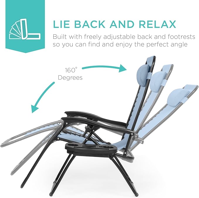 Best Choice Products Set of 2 Adjustable Steel Mesh Zero Gravity Lounge Chair Recliners w/Pillows and Cup Holder Trays - Dusty Blue/Black BestChoiceProducts