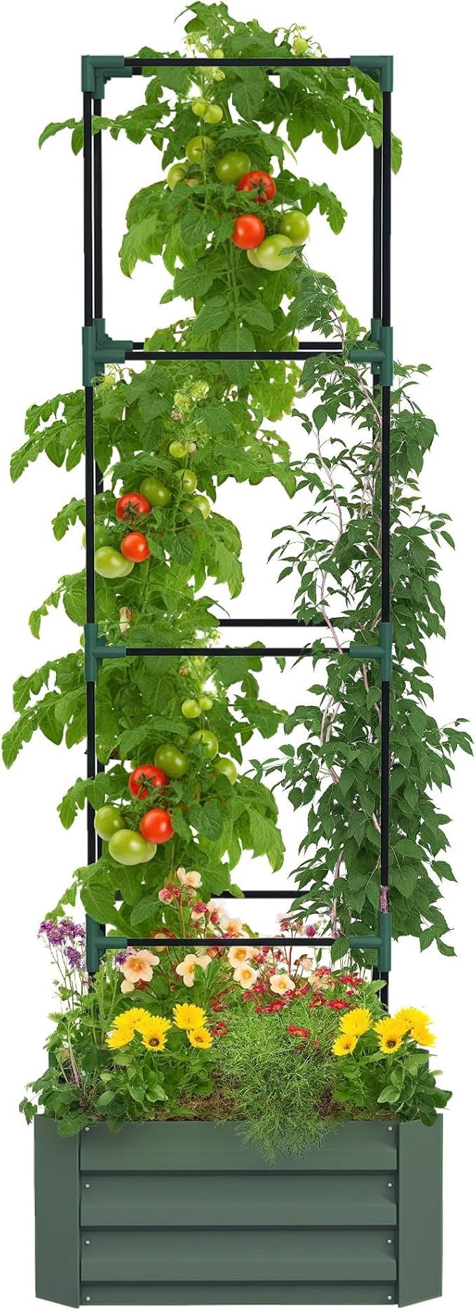 Outsunny Galvanized Raised Garden Bed, 73.5" Tall Outdoor Planter Box with Trellis Tomato Cage and Open Bottom for Climbing Vines, Vegetables, Flowers in Backyard, Garden, Patio, Green Outsunny