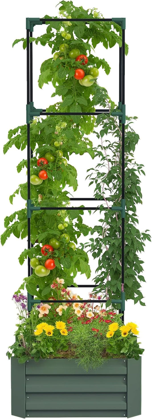 Outsunny Galvanized Raised Garden Bed, 73.5" Tall Outdoor Planter Box with Trellis Tomato Cage and Open Bottom for Climbing Vines, Vegetables, Flowers in Backyard, Garden, Patio, Green Outsunny