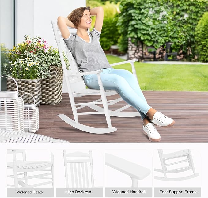 VINGLI Wooden Rocking Chair, Outdoor Chair with 450 lbs Support, Relaxing Rocker with Solid Wood High Back Seat Reclining Seat for Deck, Garden, Backyard, Porch, Indoor or Outdoor Use (White, 2PCS) VINGLI