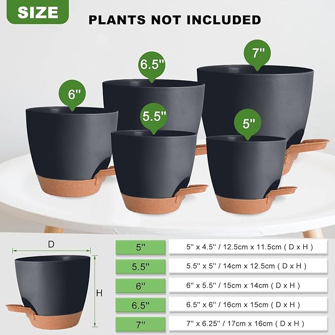 Plant Pots Pack of 5, 7/6.5/6/5.5/5 Inch Self Watering Planters with Drainage Hole Planter for Indoor Plants, Planting Pots for African Violet, Ochid and House Plants (Black) Vanslogreen