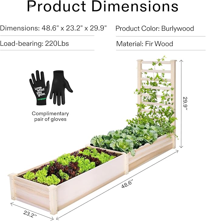 VIVOSUN Wooden Raised Garden Bed, 48 x 24 x 30 Inches, Outdoor Wood Planter Box with Gloves and a Liner, with Trellis for Vine Climbing for Garden, Patio, Balcony, Backyard and Outdoors VIVOSUN