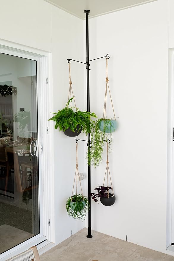 Tension Rod Plant Stand, Plant Poles for Hanging Plants Indoor, Metal Floor to Ceiling Hanging Plants Stand, Tension Pole Plant Stand with 6 Hooks (Fit 3.6-10ft) Zononoca
